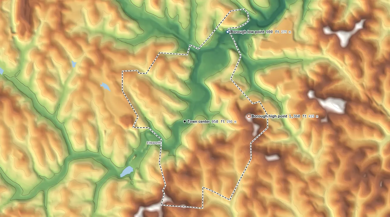 Topographic elevation map of Bentleyville, Pennsylvania, shaded from 900 ft on the northeast side to 1,360 ft on the east side