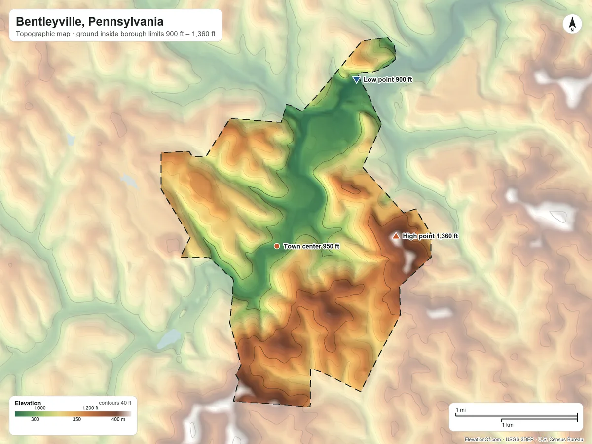 Topographic elevation map of Bentleyville, Pennsylvania, shaded from 900 ft on the northeast side to 1,360 ft on the east side