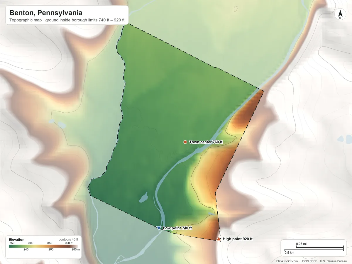 Topographic elevation map of Benton, Pennsylvania, shaded from 740 ft on the south side to 920 ft at the foot of the Muncy Hills