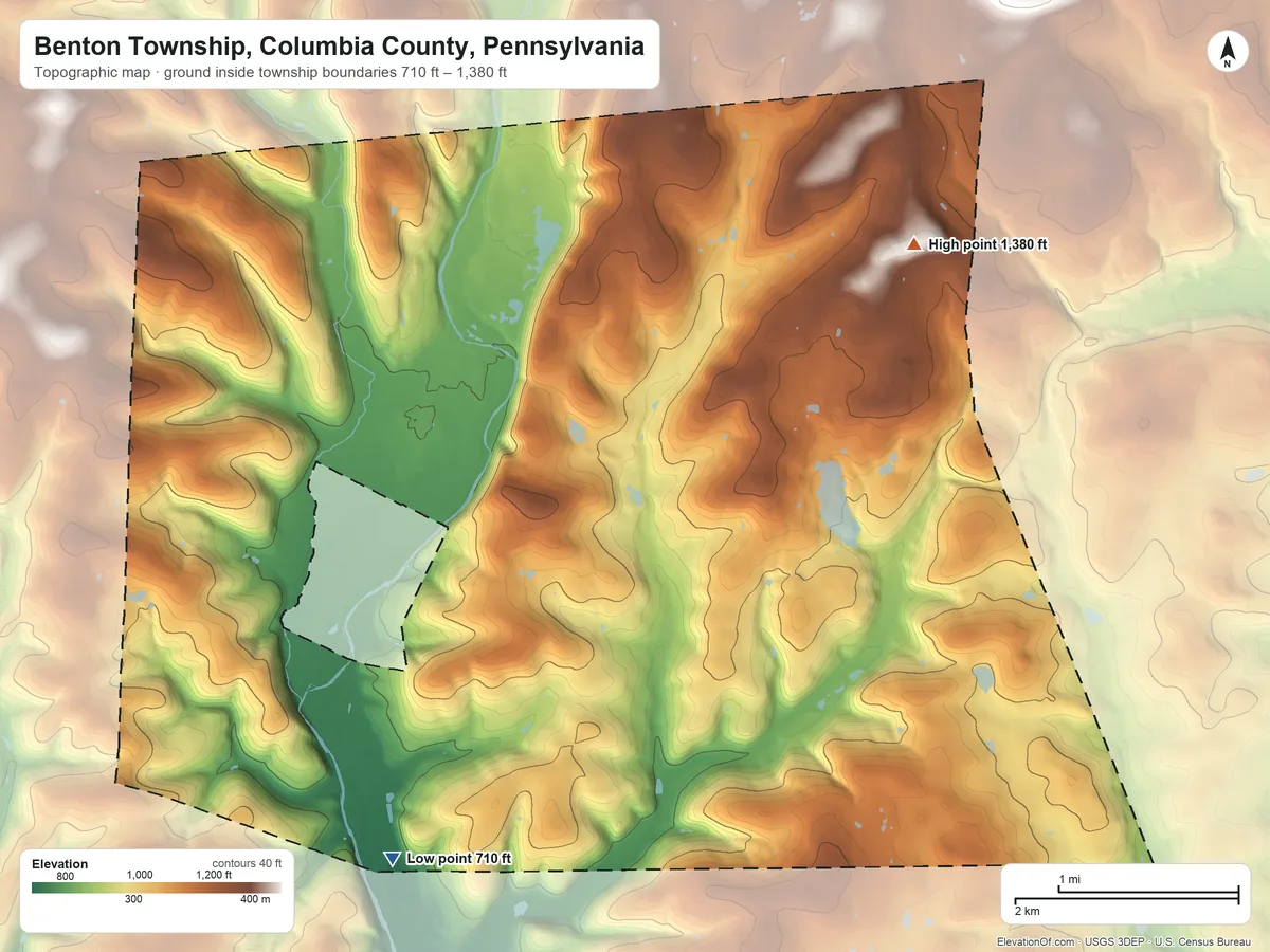 Topographic elevation map of Benton Township, Columbia County, Pennsylvania, shaded from 710 ft on the southwest side to 1,380 ft on the northeast side