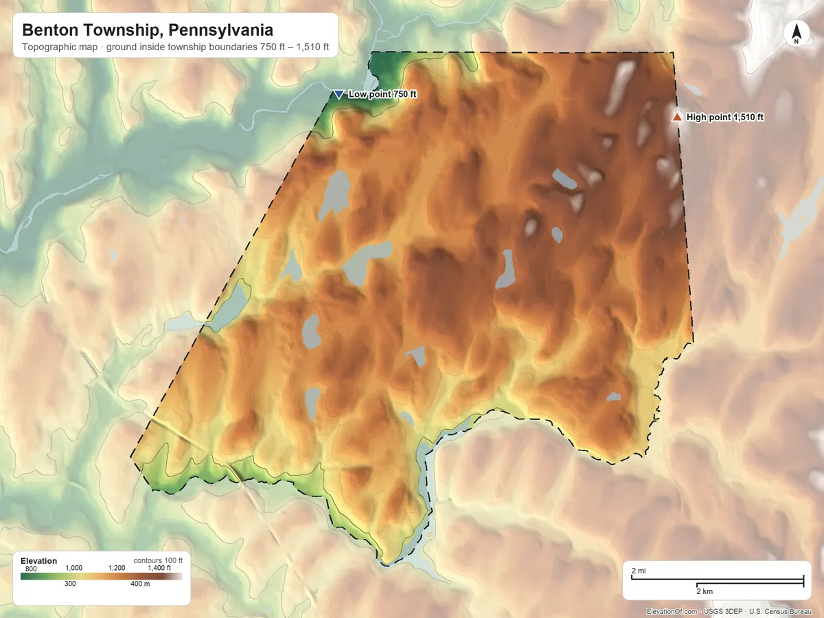Topographic elevation map of Benton Township, Pennsylvania, shaded from 750 ft on the north side to 1,510 ft on Finn Hill