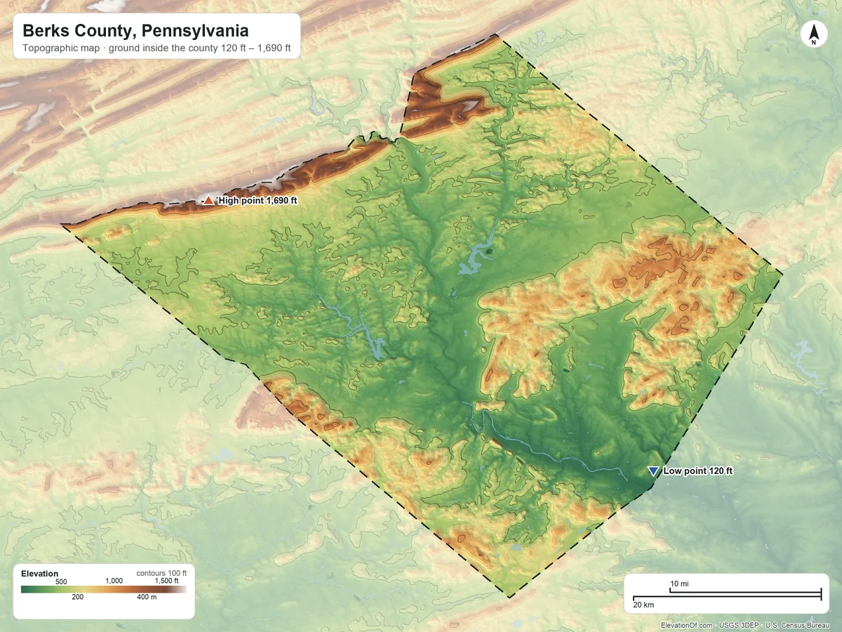 Topographic elevation map of Berks County, Pennsylvania, shaded from 120 ft on the southeast side to 1,690 ft on the northwest side