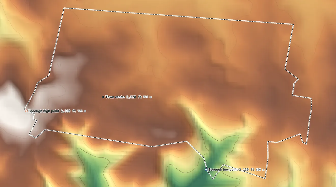 Topographic elevation map of Berlin, Pennsylvania, shaded from 2,130 ft on the southeast side to 2,380 ft on the west side