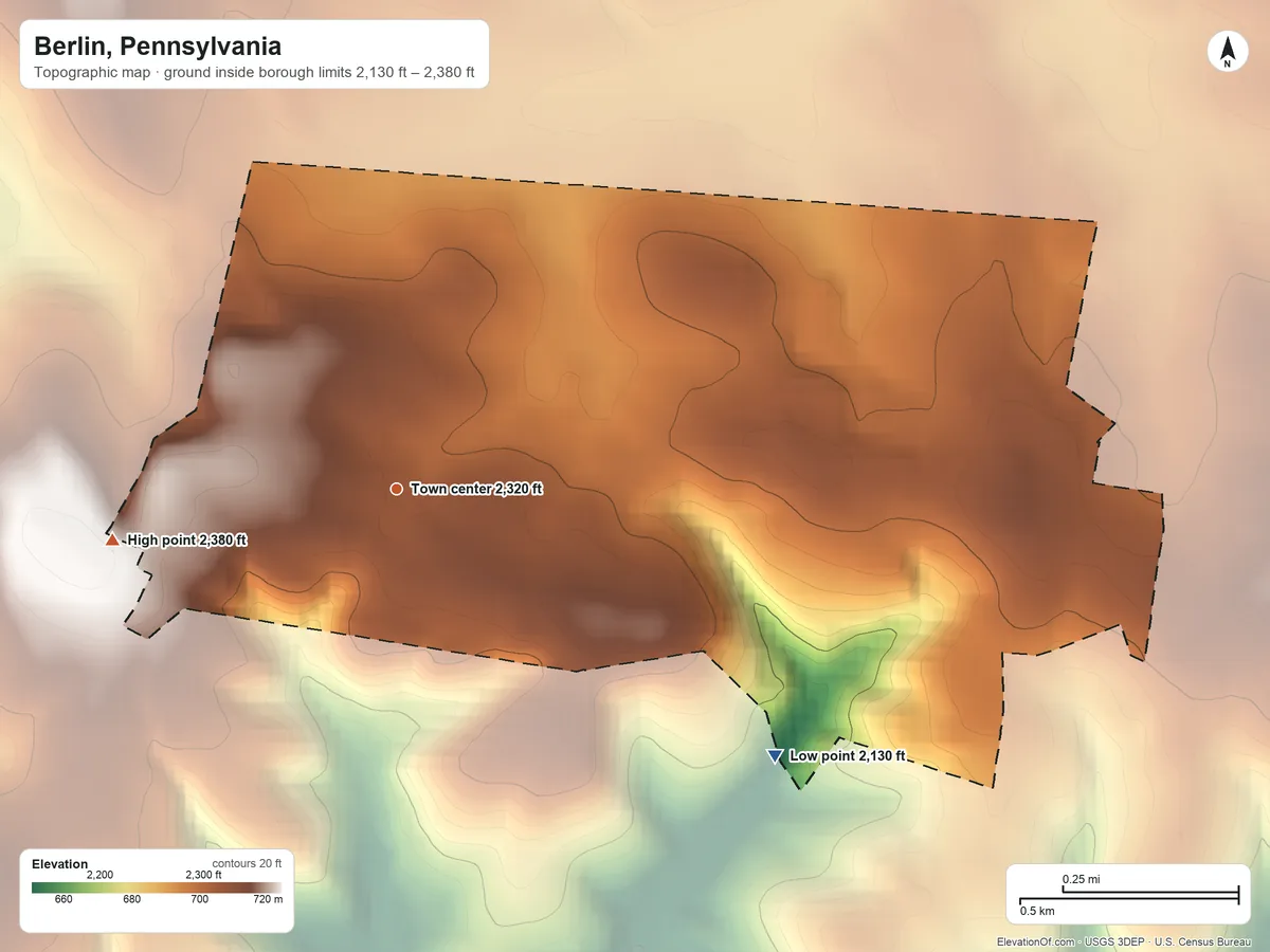 Topographic elevation map of Berlin, Pennsylvania, shaded from 2,130 ft on the southeast side to 2,380 ft on the west side