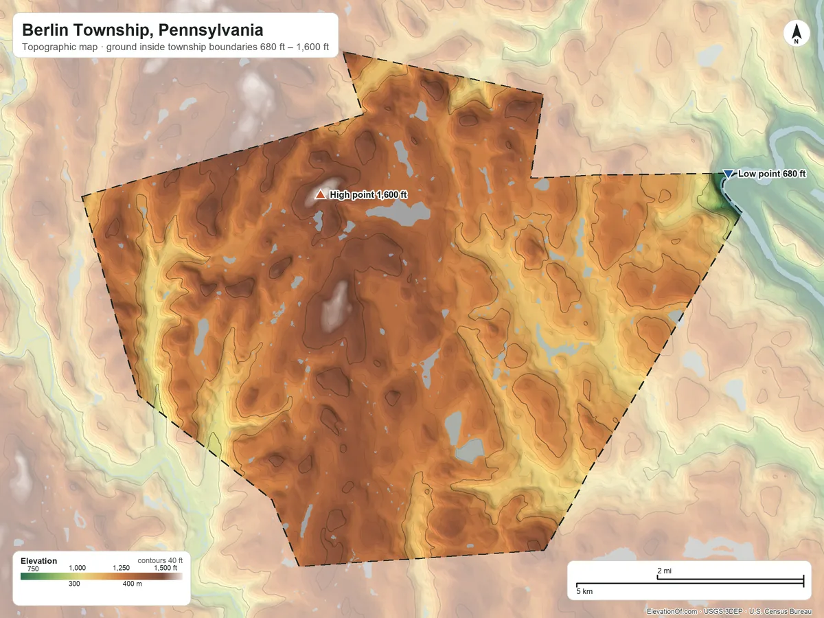 Topographic elevation map of Berlin Township, Pennsylvania, shaded from 680 ft on the east side to 1,600 ft on the northwest side
