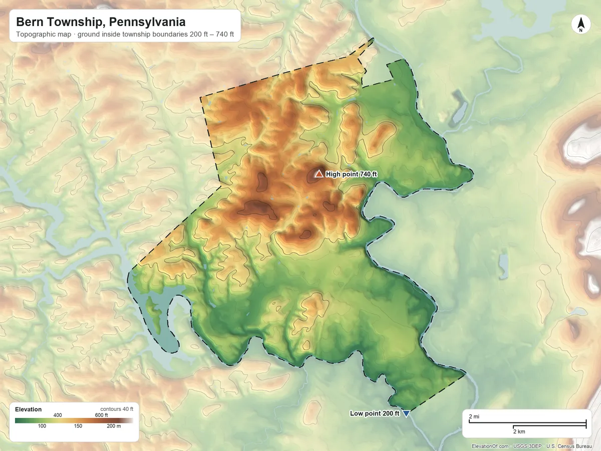 Topographic elevation map of Bern Township, Pennsylvania, shaded from 200 ft on the southeast side to 740 ft on Seidels Hill