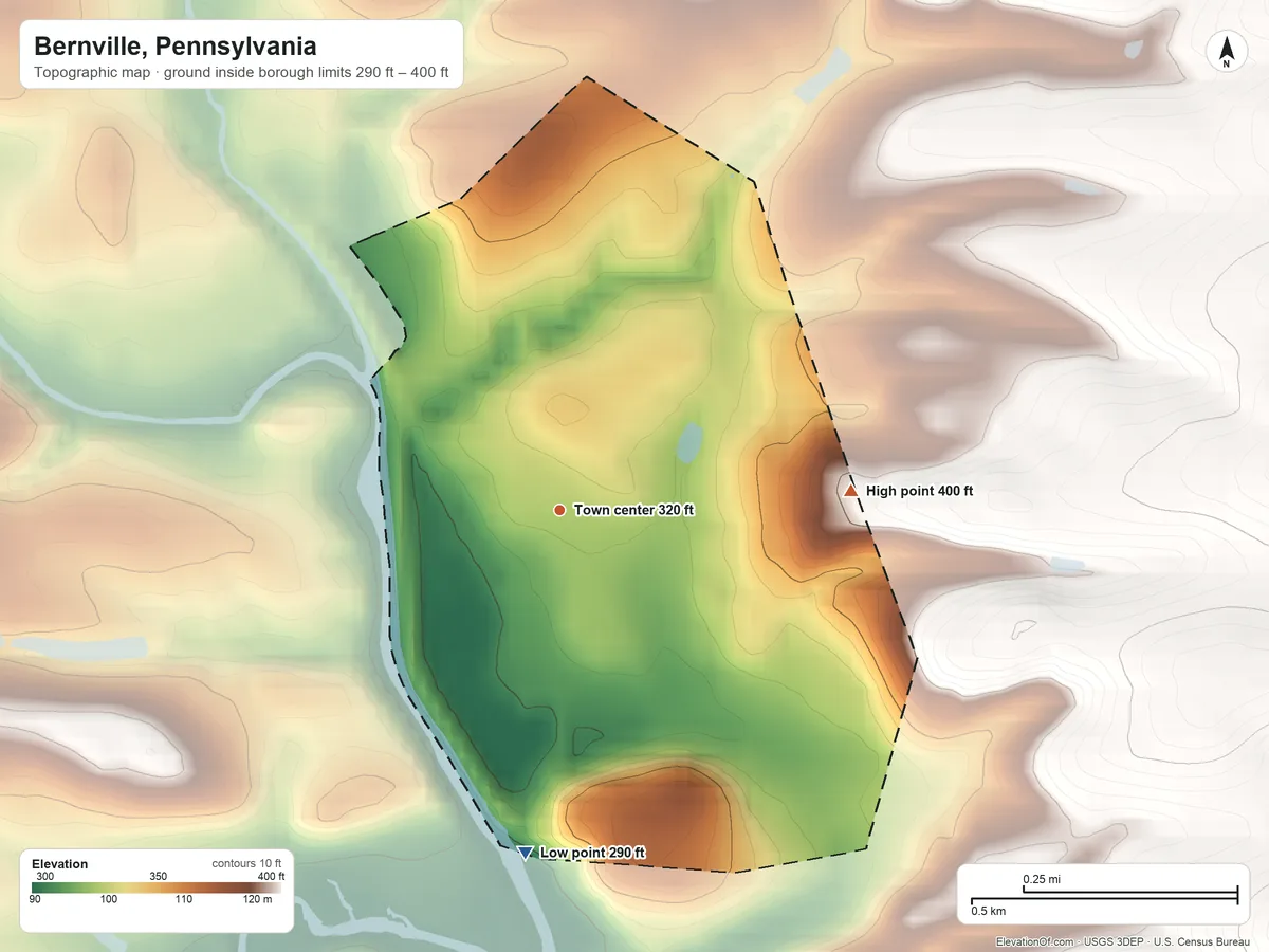 Topographic elevation map of Bernville, Pennsylvania, shaded from 290 ft on the south side to 400 ft at the foot of the South Mountain