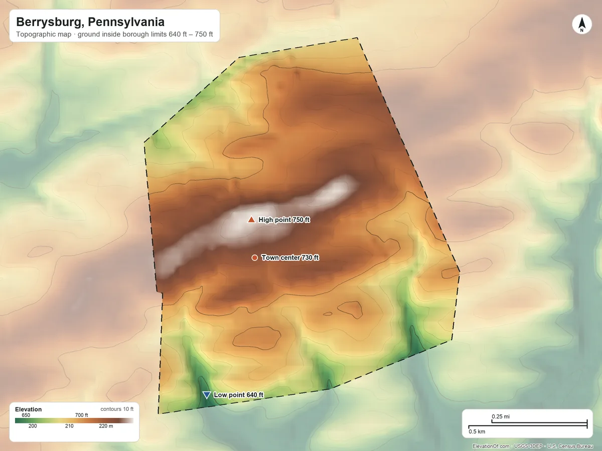 Topographic elevation map of Berrysburg, Pennsylvania, shaded from 640 ft on the south side to 750 ft on the north edge, below higher ground just outside