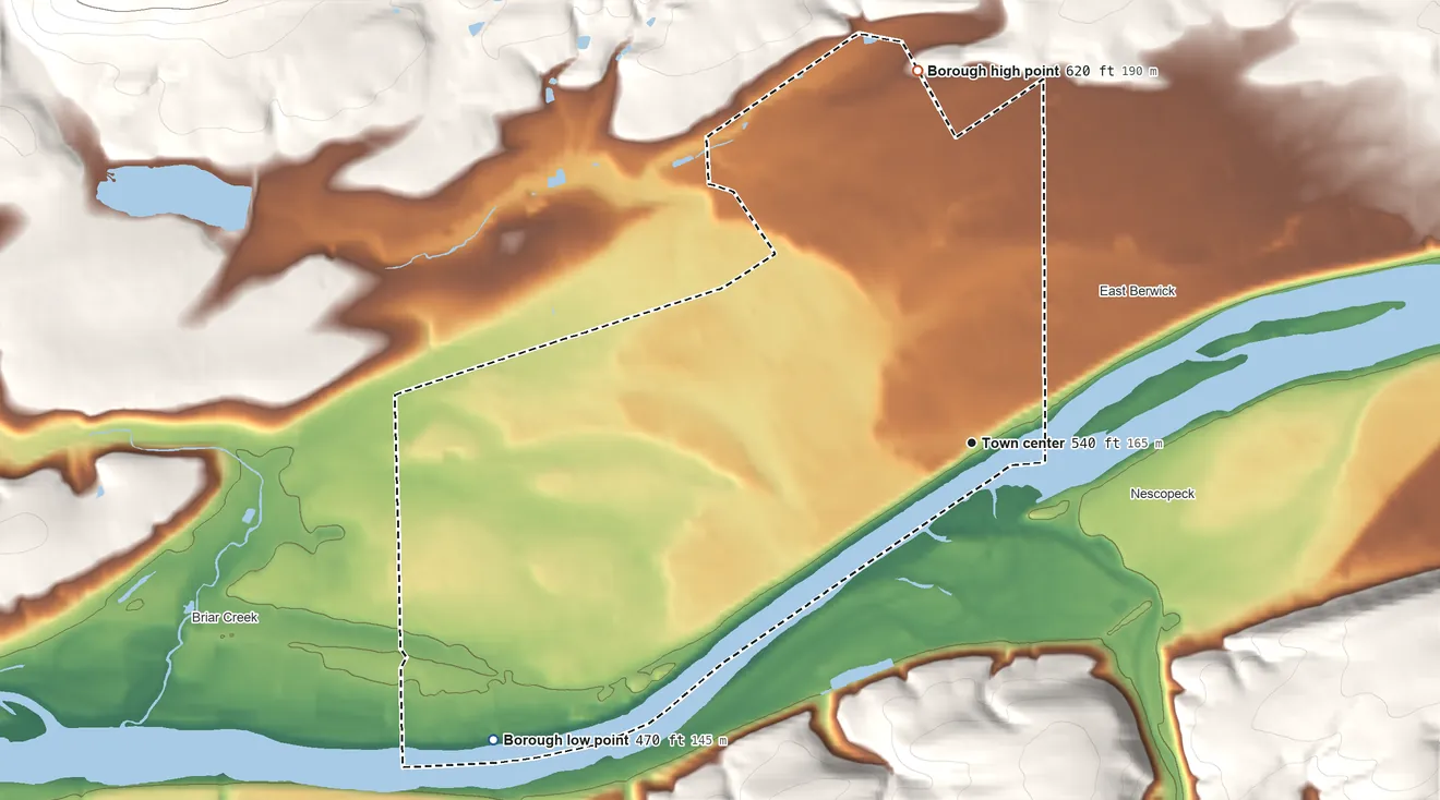 Topographic elevation map of Berwick, Pennsylvania, shaded from 470 ft on the southwest side to 620 ft on the north edge, below higher ground just outside