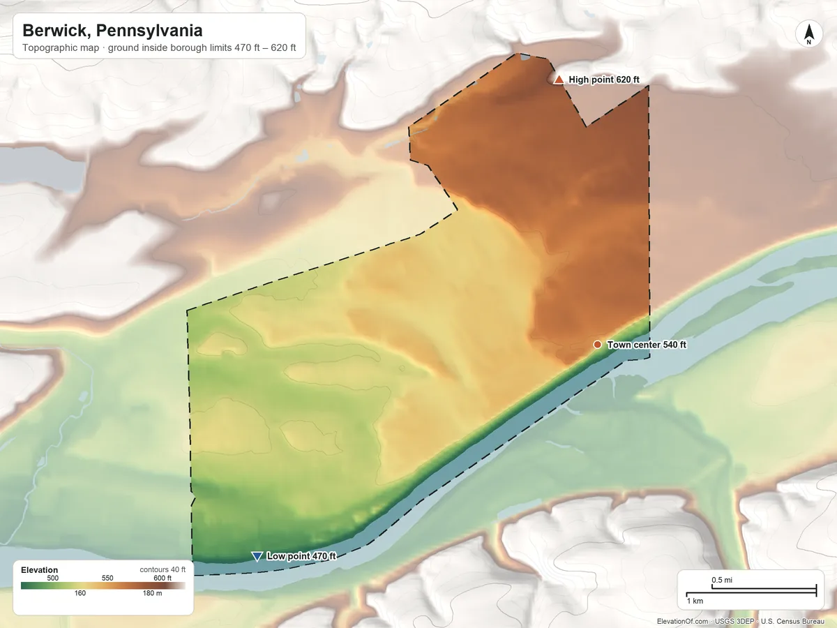 Topographic elevation map of Berwick, Pennsylvania, shaded from 470 ft on the southwest side to 620 ft on the north edge, below higher ground just outside