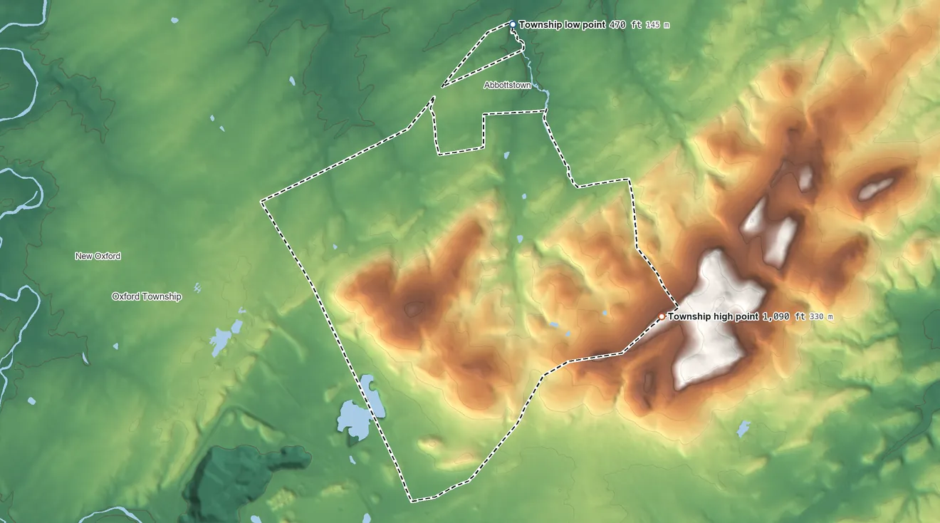 Topographic elevation map of Berwick Township, Pennsylvania, shaded from 470 ft on the north side to 1,090 ft on the east side