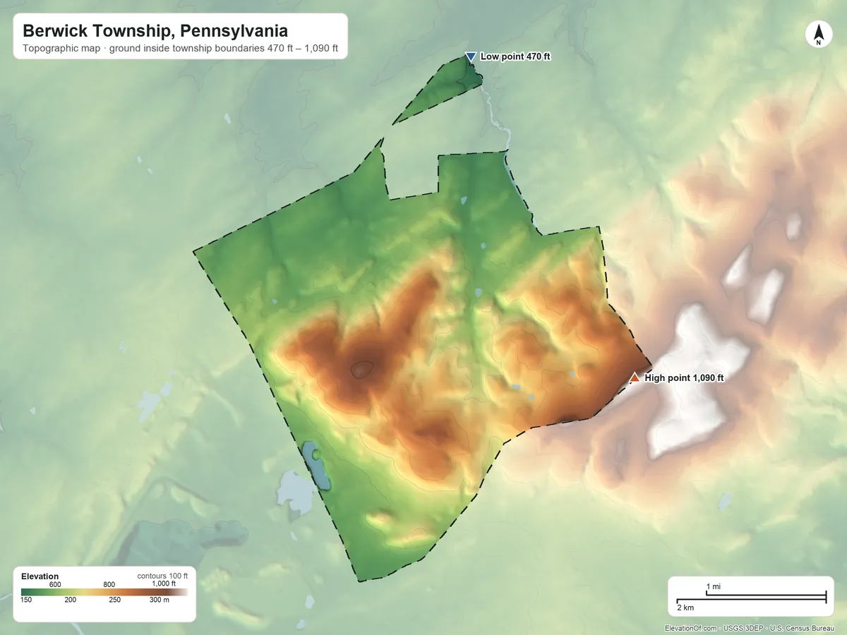 Topographic elevation map of Berwick Township, Pennsylvania, shaded from 470 ft on the north side to 1,090 ft on the east side