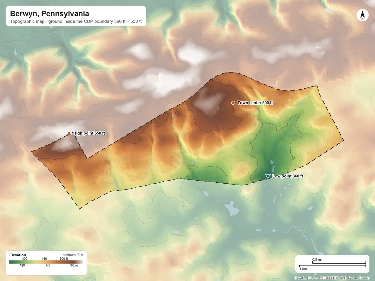 Topographic elevation map of Berwyn, Pennsylvania, shaded from 360 ft on the southeast side to 550 ft on the west side