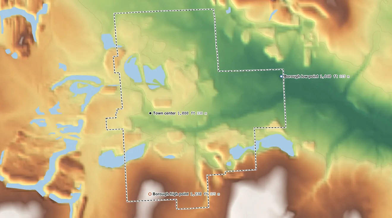 Topographic elevation map of Bessemer, Pennsylvania, shaded from 1,040 ft on the east side to 1,230 ft on the south side