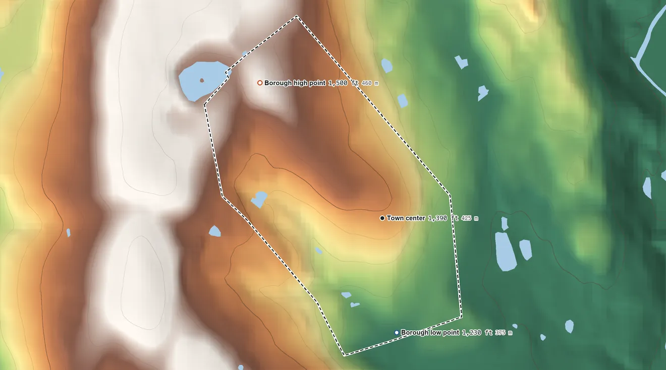 Topographic elevation map of Bethany, Pennsylvania, shaded from 1,230 ft on the south side to 1,500 ft on the northwest side