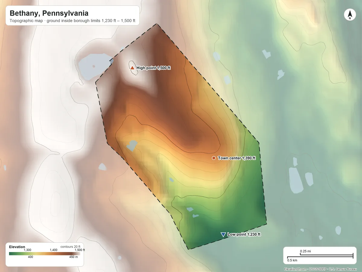 Topographic elevation map of Bethany, Pennsylvania, shaded from 1,230 ft on the south side to 1,500 ft on the northwest side