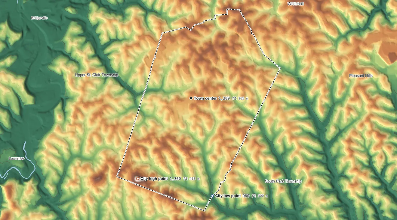 Topographic elevation map of Bethel Park, Pennsylvania, shaded from 980 ft on the south side to 1,360 ft on the southwest side