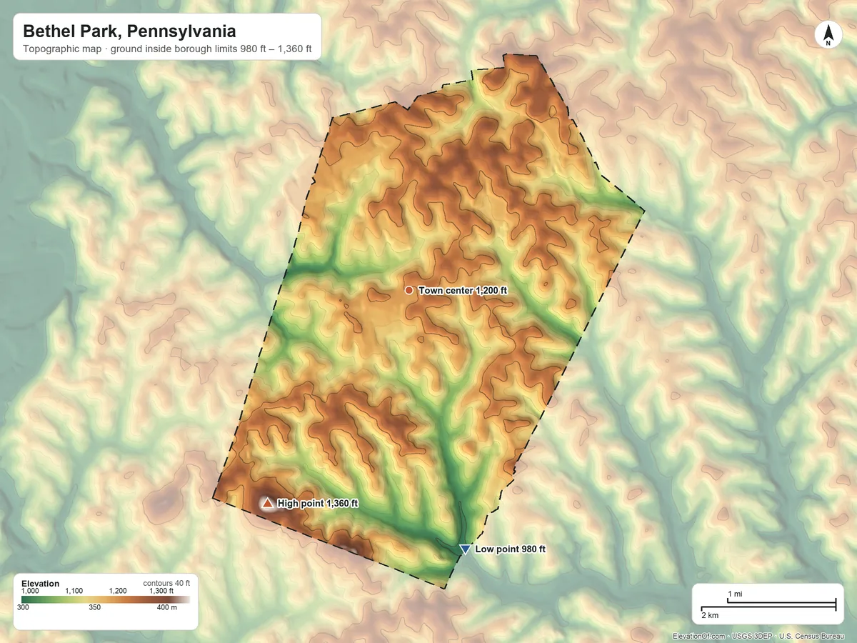 Topographic elevation map of Bethel Park, Pennsylvania, shaded from 980 ft on the south side to 1,360 ft on the southwest side