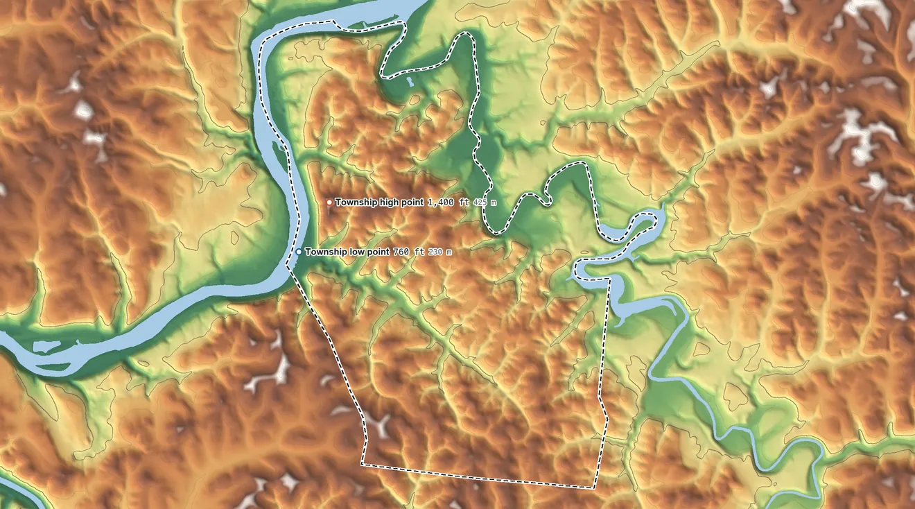 Topographic elevation map of Bethel Township, Armstrong County, Pennsylvania, shaded from 760 ft on the west side to 1,400 ft on the northwest side