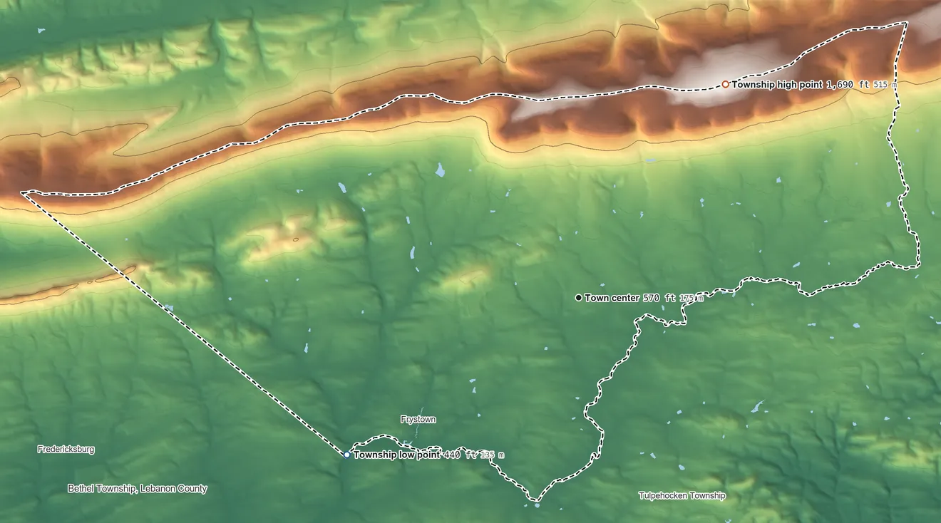 Topographic elevation map of Bethel Township, Berks County, Pennsylvania, shaded from 440 ft on the southwest side to 1,690 ft on the northeast side