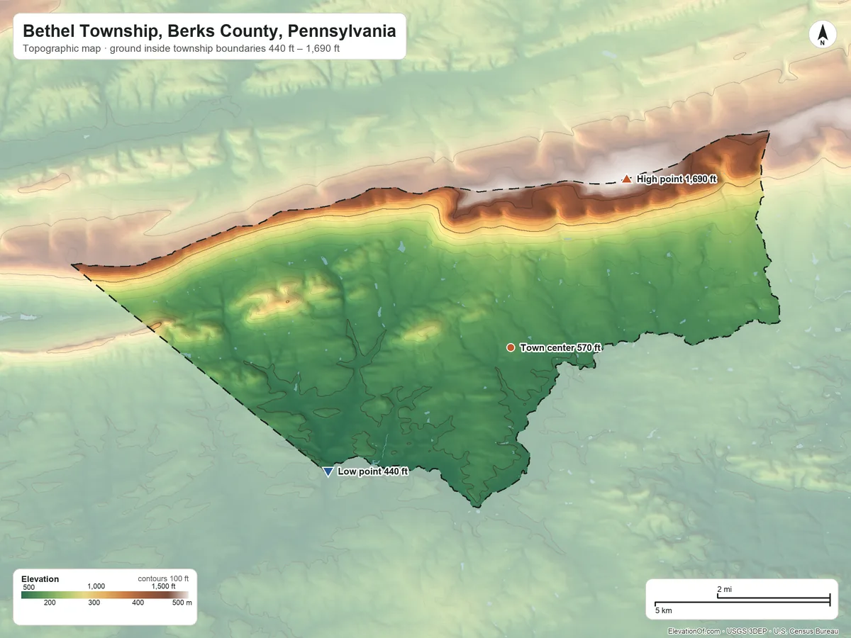 Topographic elevation map of Bethel Township, Berks County, Pennsylvania, shaded from 440 ft on the southwest side to 1,690 ft on the northeast side