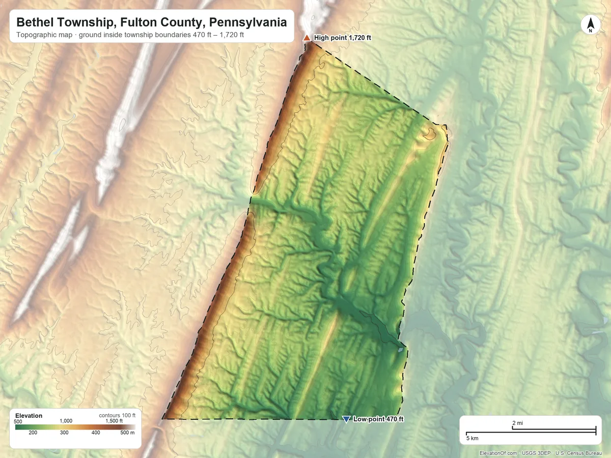 Topographic elevation map of Bethel Township, Fulton County, Pennsylvania, shaded from 470 ft on the south side to 1,720 ft at the foot of the Bear Pond Mountains