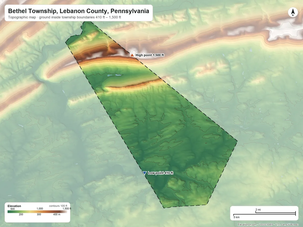 Topographic elevation map of Bethel Township, Lebanon County, Pennsylvania, shaded from 410 ft on the southwest side to 1,500 ft on the north side
