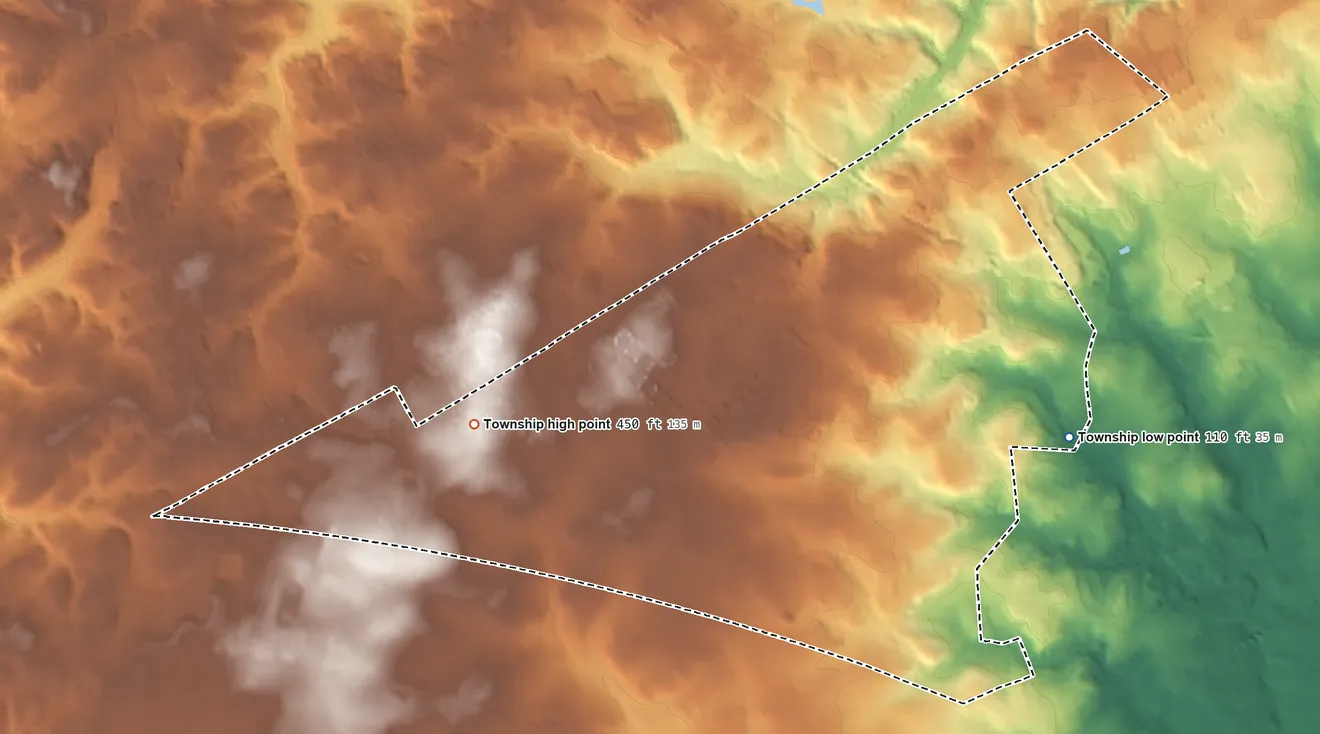 Topographic elevation map of Bethel Township, Pennsylvania, shaded from 110 ft on the east side to 450 ft on the west side