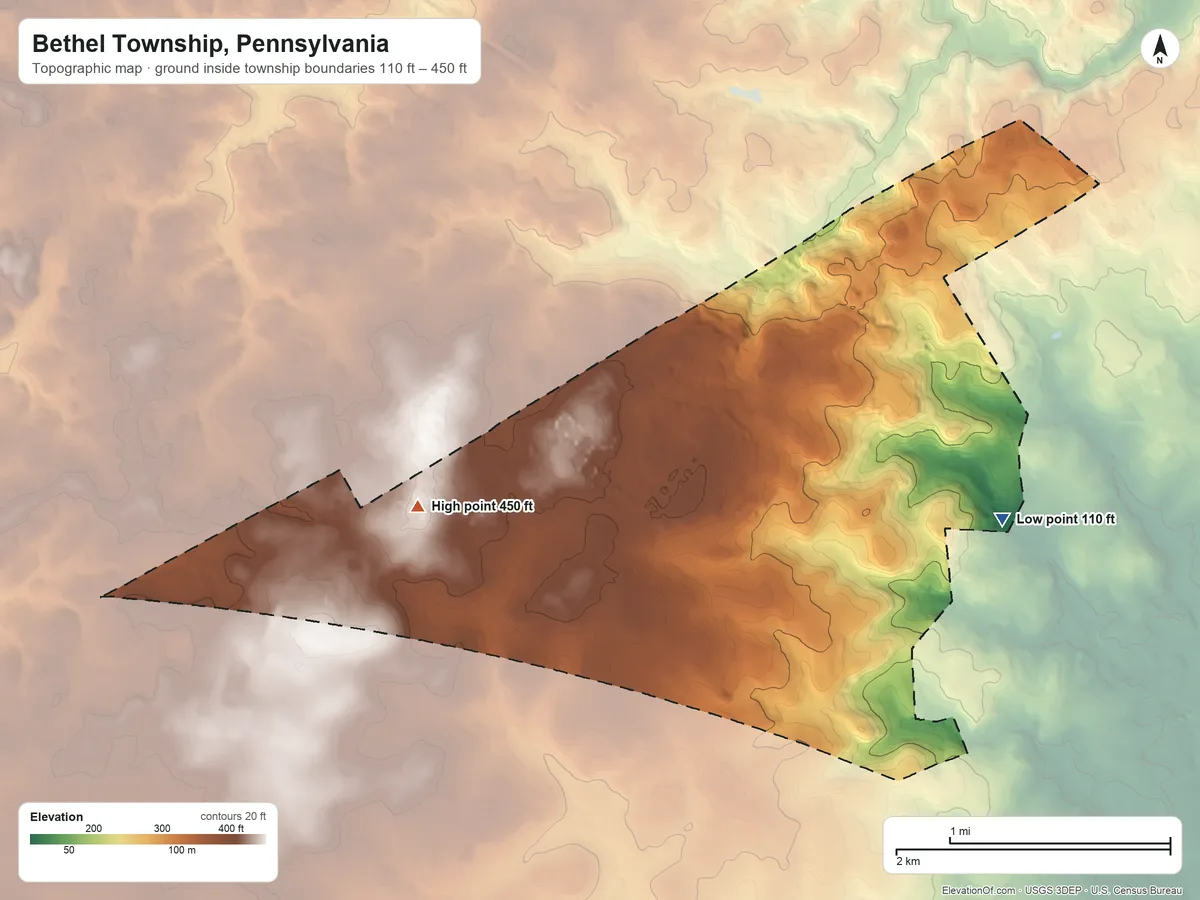 Topographic elevation map of Bethel Township, Pennsylvania, shaded from 110 ft on the east side to 450 ft on the west side
