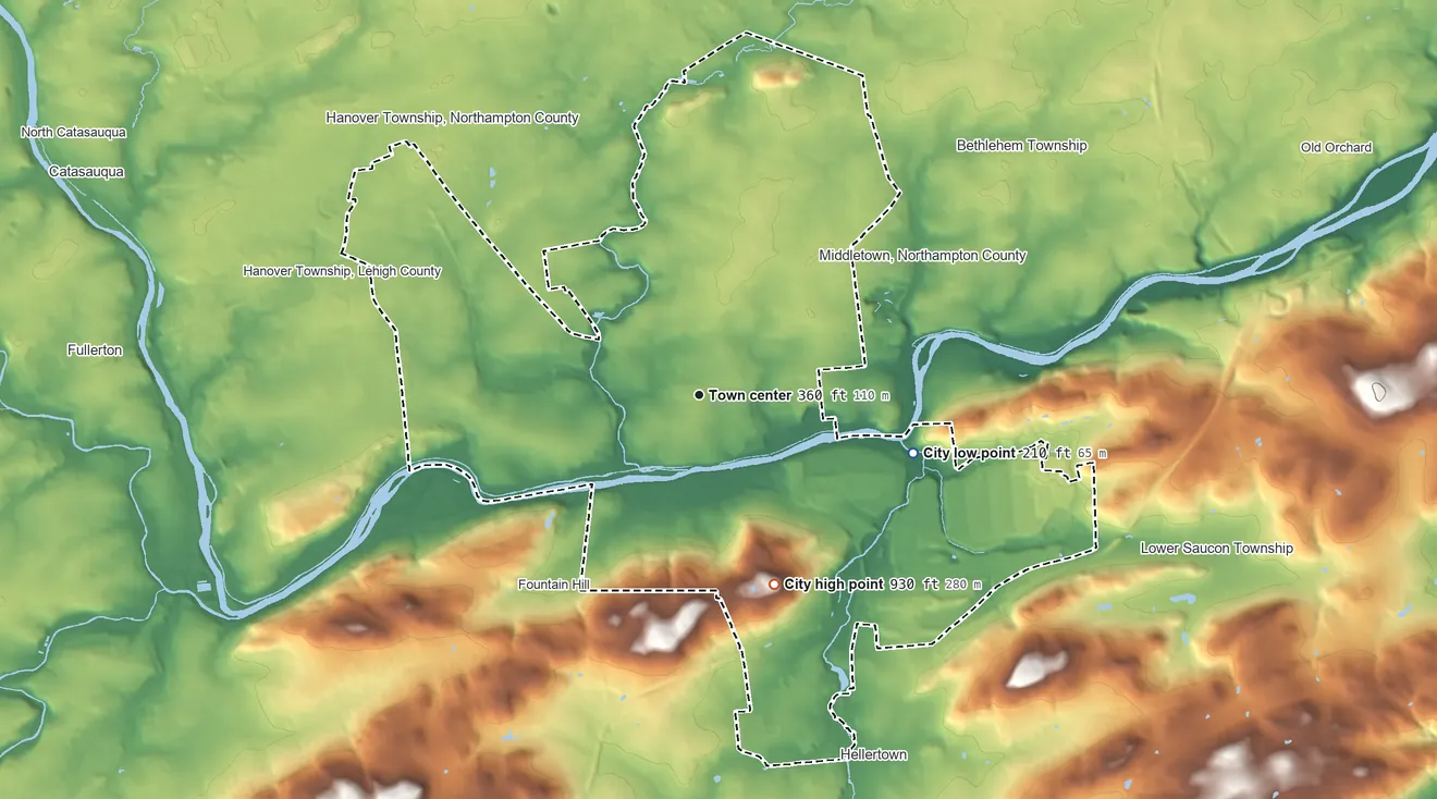 Topographic elevation map of Bethlehem, Pennsylvania, shaded from 210 ft on the east side to 930 ft on the south side