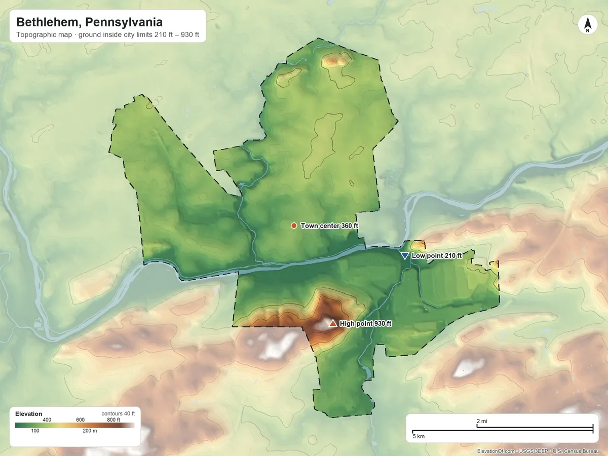 Topographic elevation map of Bethlehem, Pennsylvania, shaded from 210 ft on the east side to 930 ft on the south side