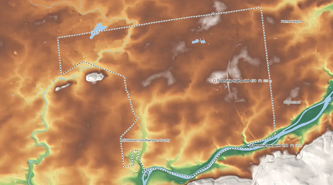 Topographic elevation map of Bethlehem Township, Pennsylvania, shaded from 200 ft on the southeast side to 450 ft on the northeast side