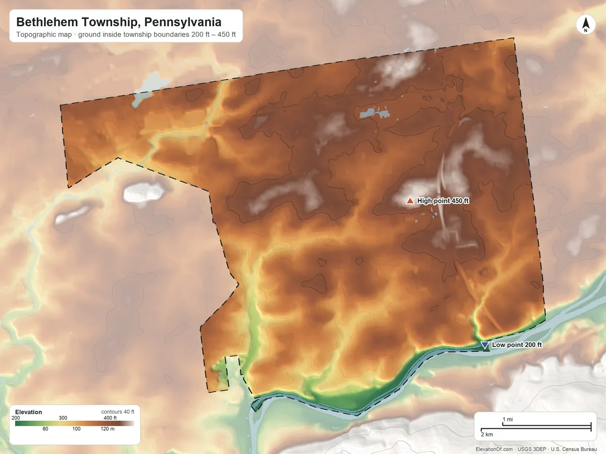 Topographic elevation map of Bethlehem Township, Pennsylvania, shaded from 200 ft on the southeast side to 450 ft on the northeast side
