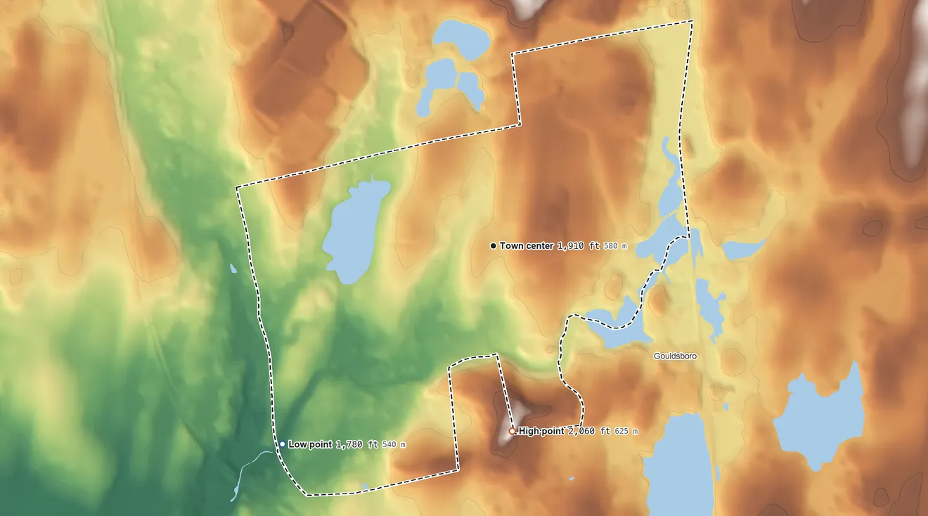 Topographic elevation map of Big Bass Lake, Pennsylvania, shaded from 1,780 ft on the southwest side to 2,060 ft on Prospect Rock