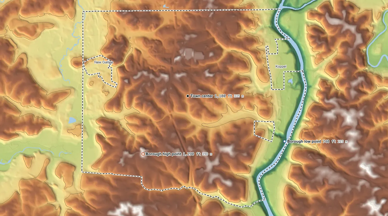 Topographic elevation map of Big Beaver, Pennsylvania, shaded from 740 ft on the southeast side to 1,290 ft on the southwest side