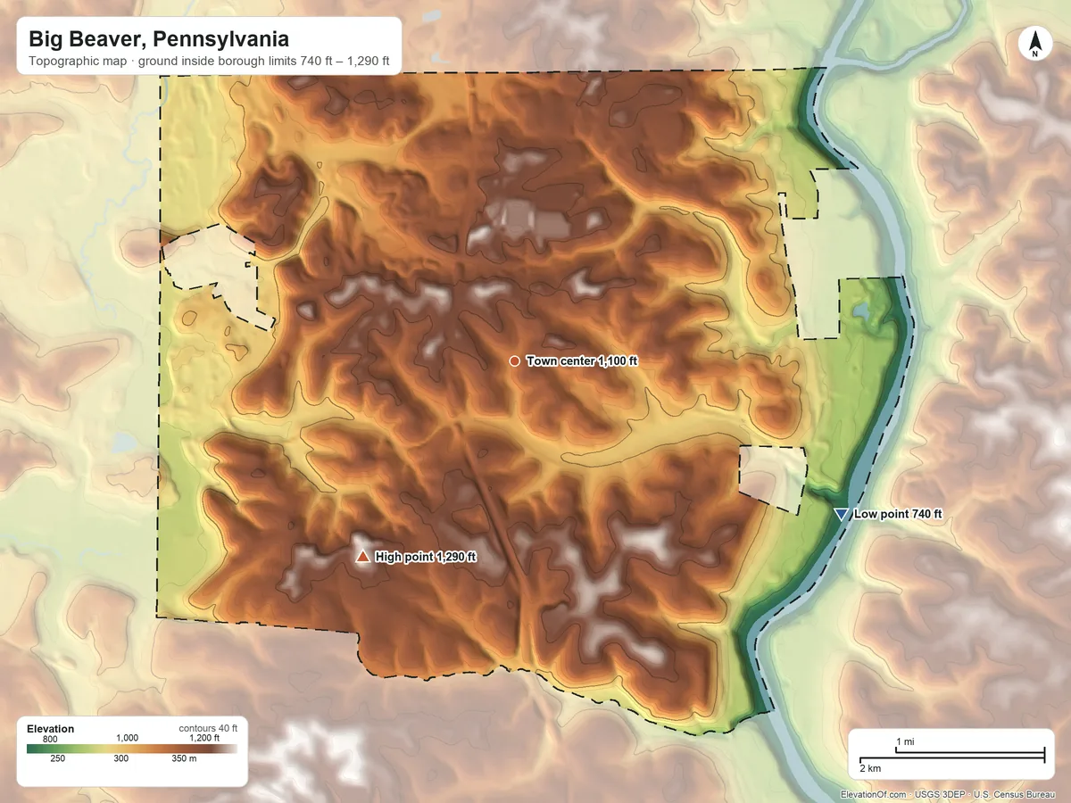 Topographic elevation map of Big Beaver, Pennsylvania, shaded from 740 ft on the southeast side to 1,290 ft on the southwest side