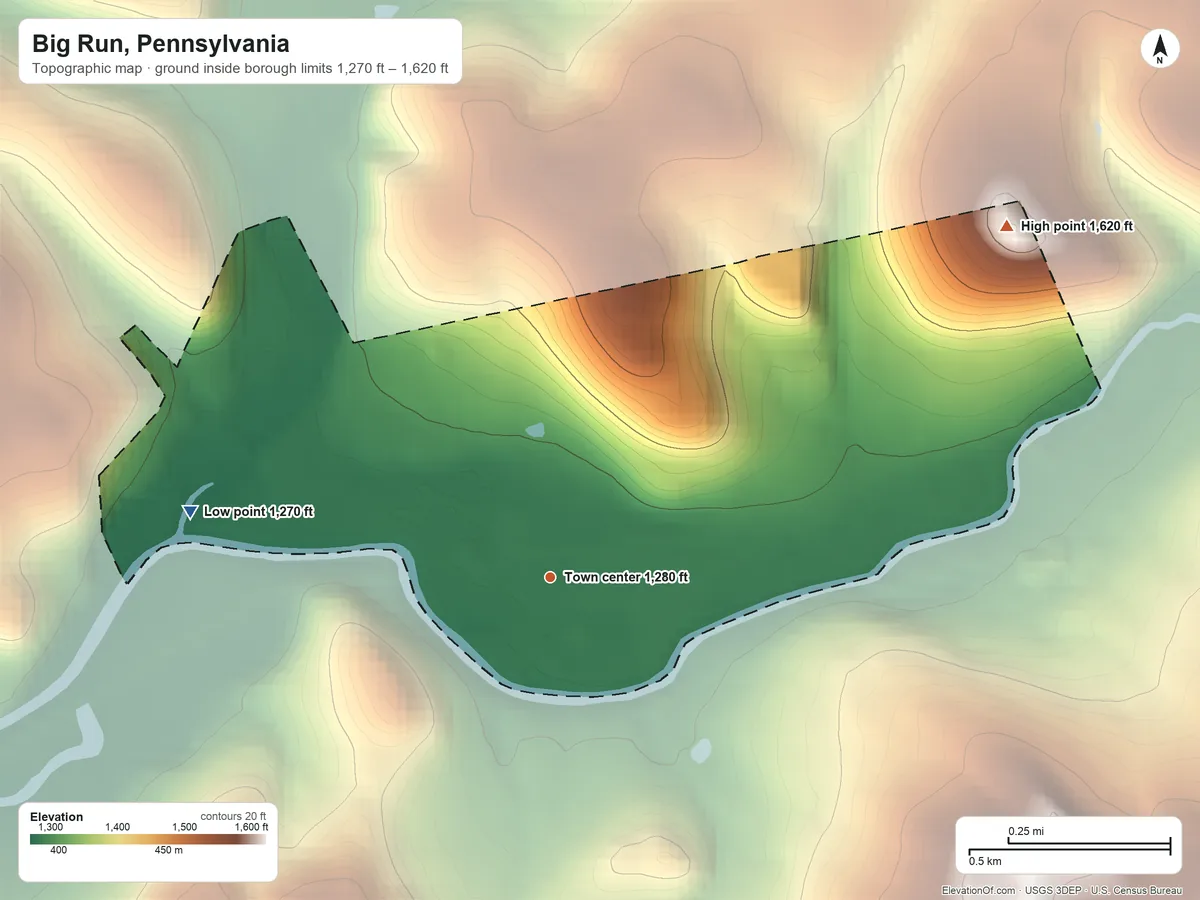 Topographic elevation map of Big Run, Pennsylvania, shaded from 1,270 ft on the west side to 1,620 ft on the northeast side