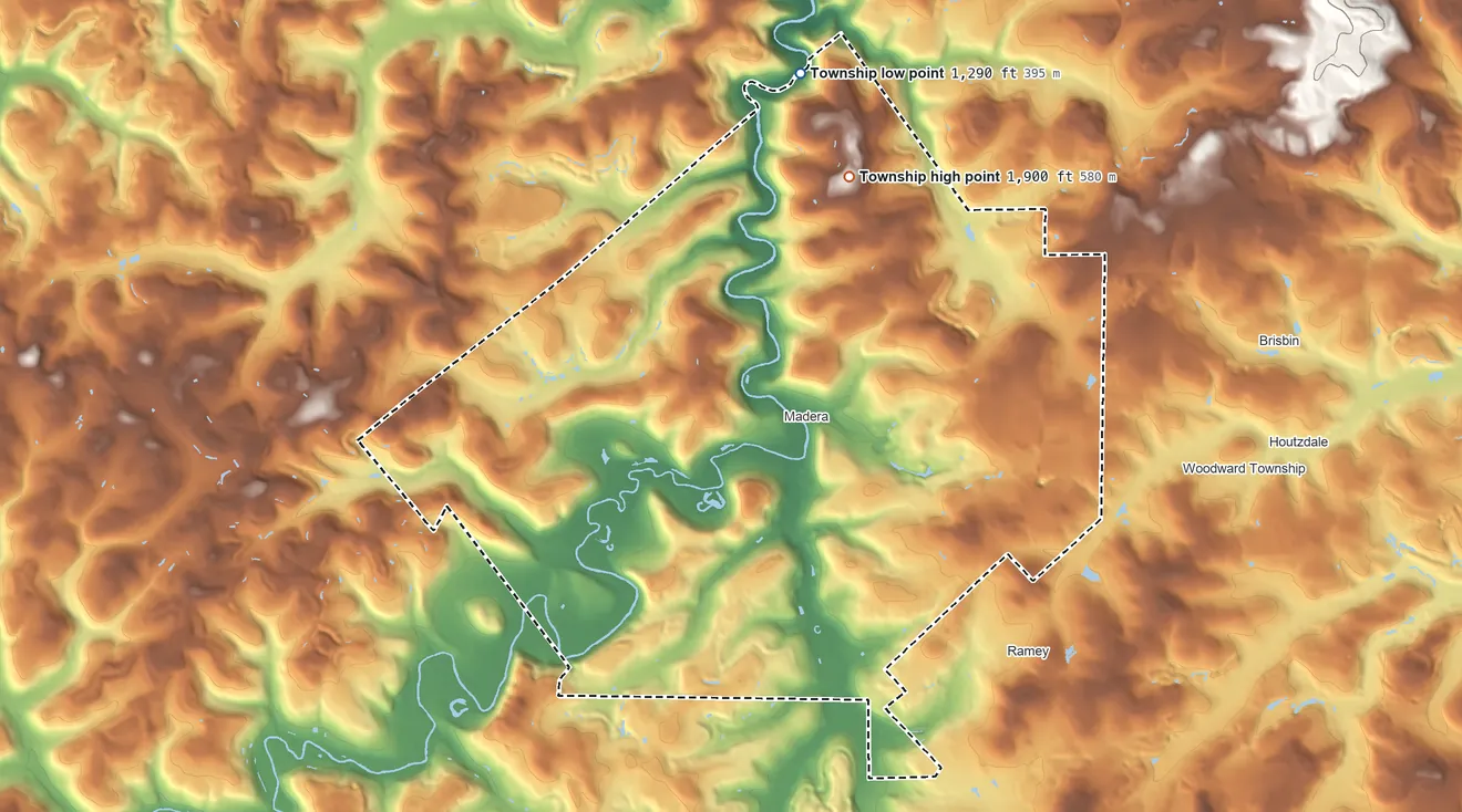 Topographic elevation map of Bigler Township, Pennsylvania, shaded from 1,290 ft on the north side to 1,900 ft on the north side