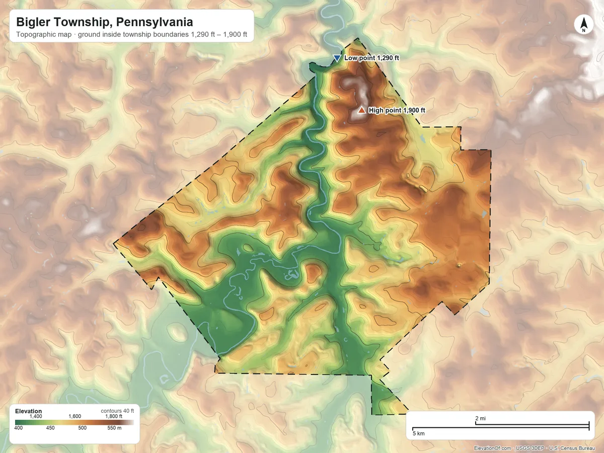 Topographic elevation map of Bigler Township, Pennsylvania, shaded from 1,290 ft on the north side to 1,900 ft on the north side