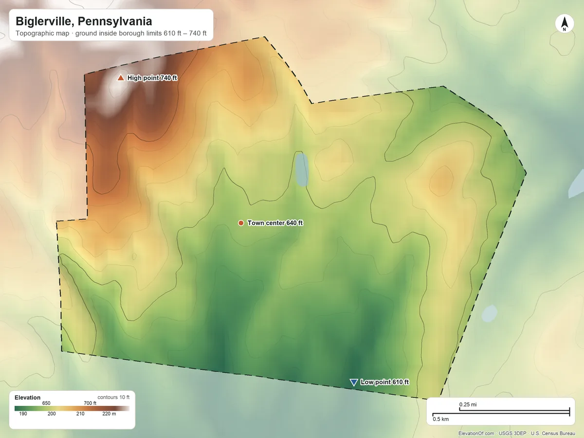 Topographic elevation map of Biglerville, Pennsylvania, shaded from 610 ft on the southeast side to 740 ft at the foot of the South Mountain