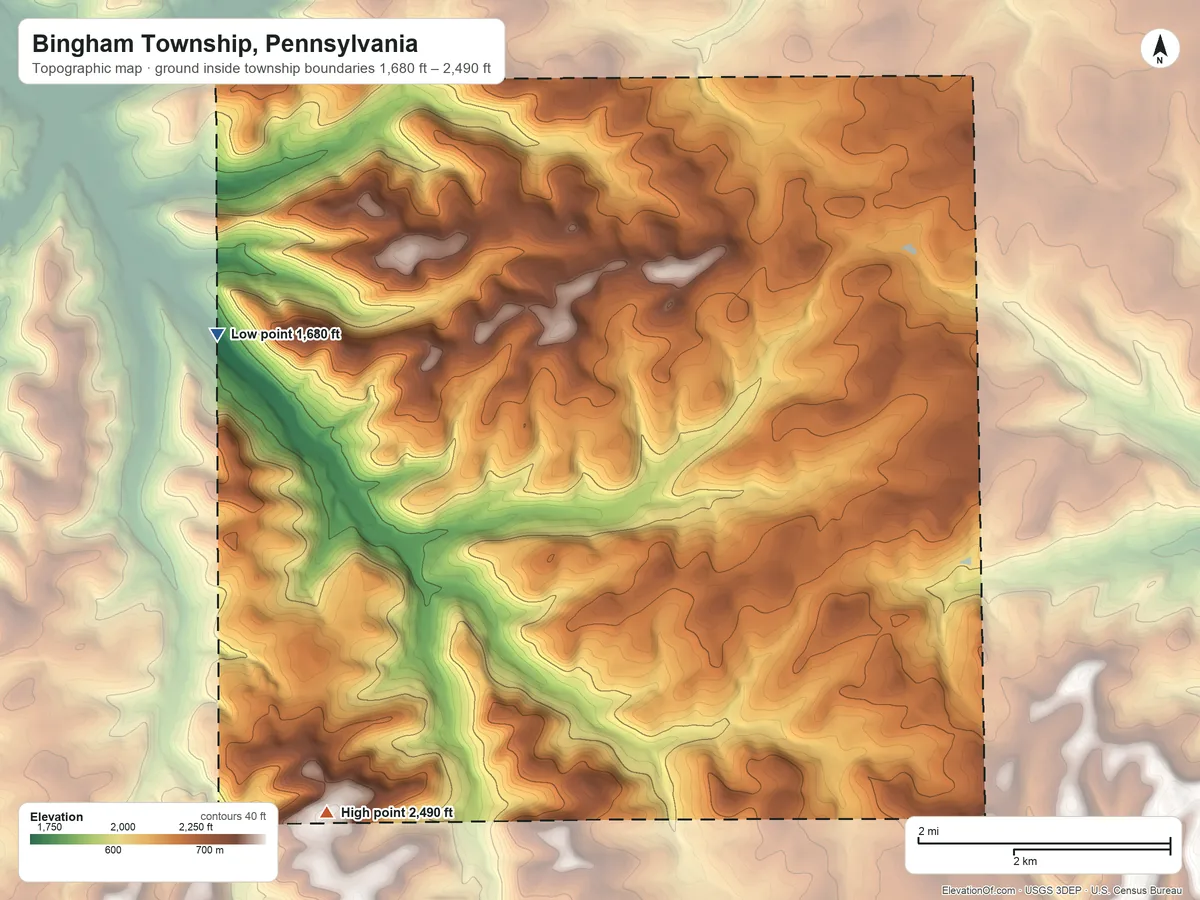 Topographic elevation map of Bingham Township, Pennsylvania, shaded from 1,680 ft on the northwest side to 2,490 ft on the southwest side