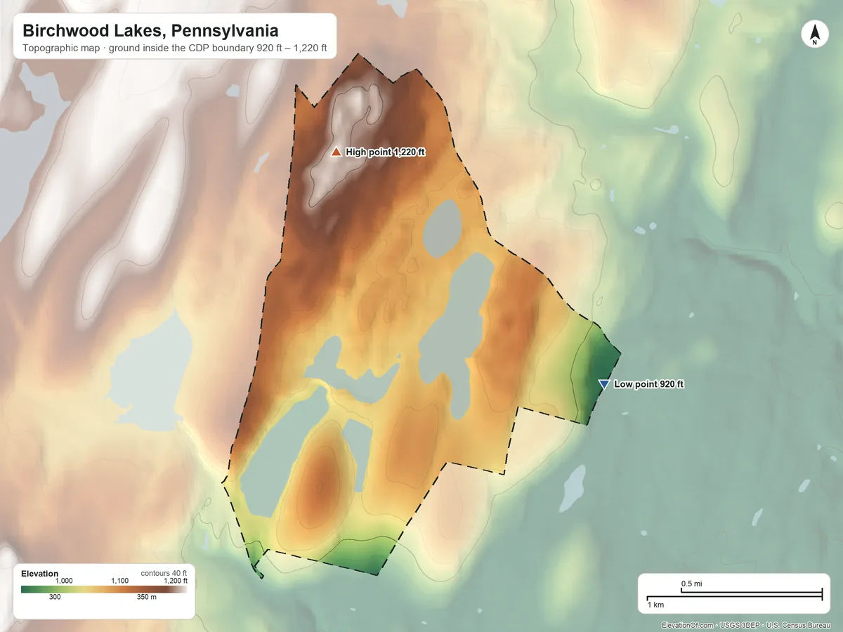 Topographic elevation map of Birchwood Lakes, Pennsylvania, shaded from 920 ft on the east side to 1,220 ft on the north side
