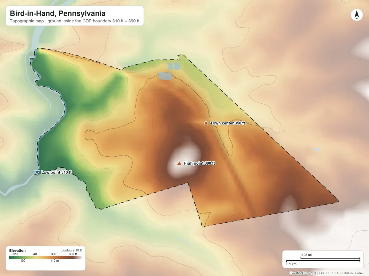 Topographic elevation map of Bird-in-Hand, Pennsylvania, shaded from 310 ft on the west side to 390 ft on the southwest side