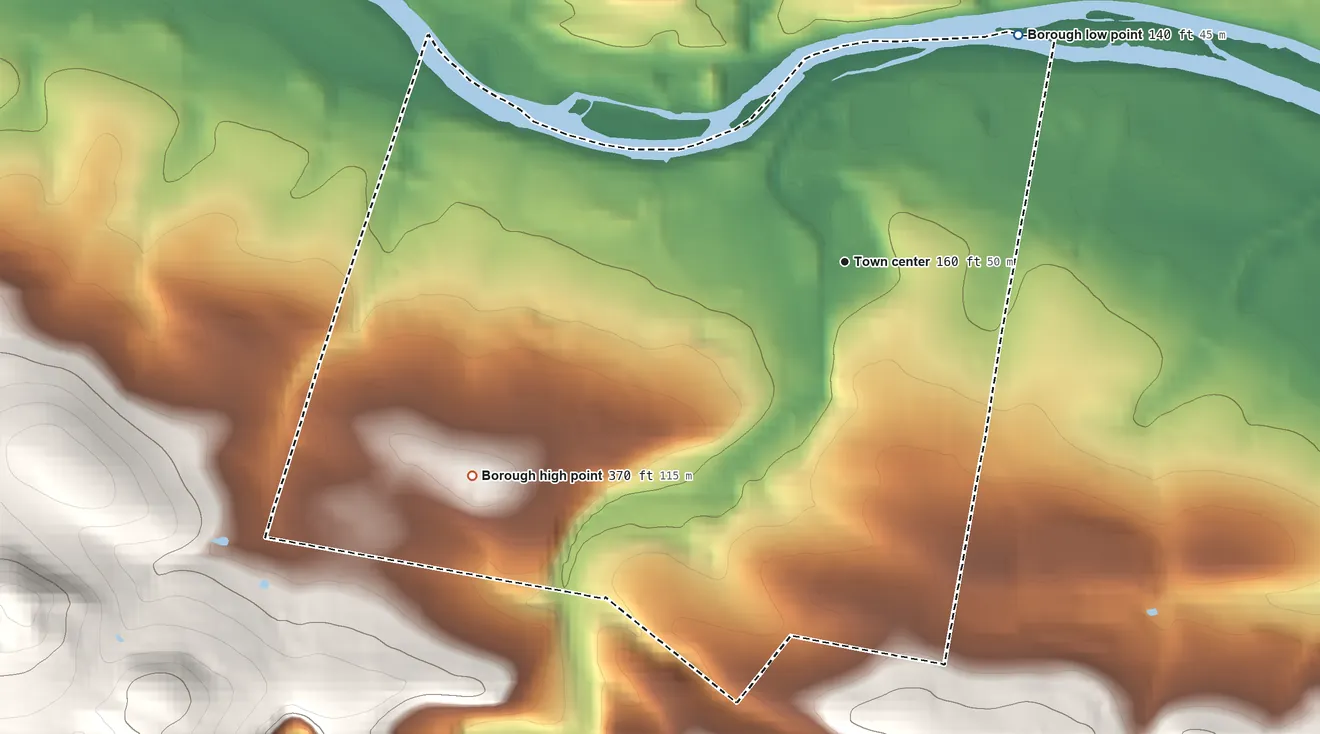 Topographic elevation map of Birdsboro, Pennsylvania, shaded from 140 ft on the northeast side to 370 ft at the foot of The Baron Hills