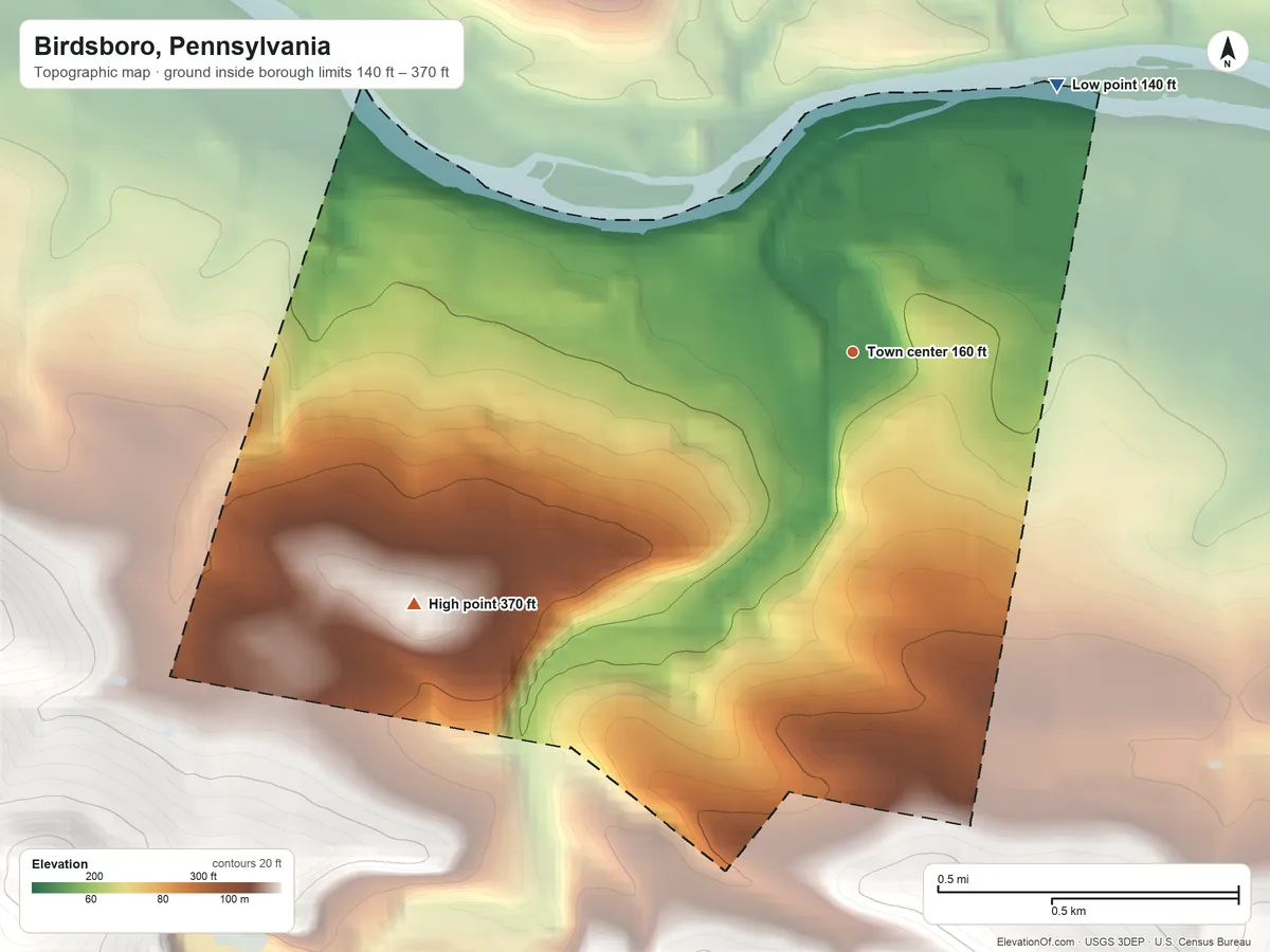 Topographic elevation map of Birdsboro, Pennsylvania, shaded from 140 ft on the northeast side to 370 ft at the foot of The Baron Hills