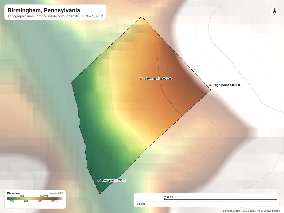 Topographic elevation map of Birmingham, Pennsylvania, shaded from 830 ft on the southwest side to 1,090 ft on the east edge, below higher ground just outside