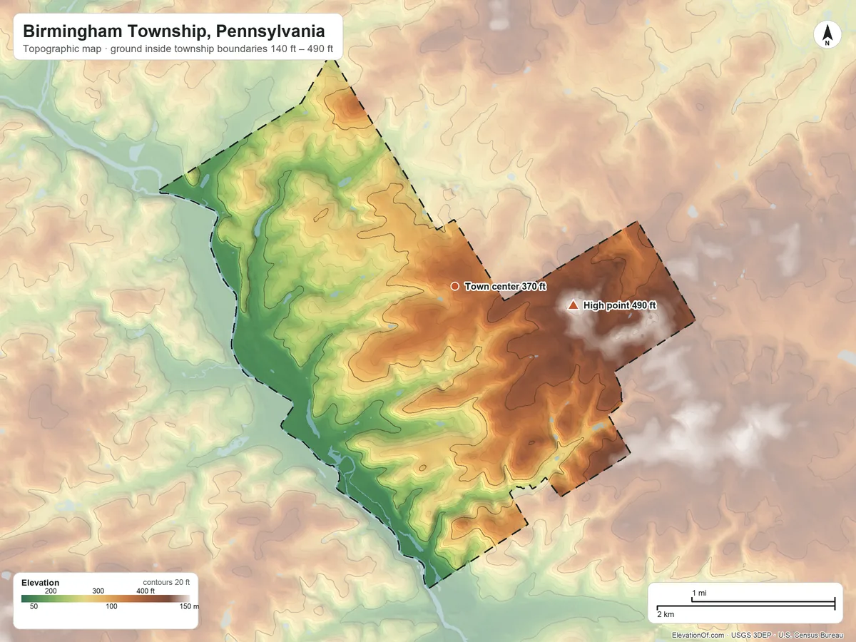 Topographic elevation map of Birmingham Township, Pennsylvania, shaded from 140 ft on the south side to 490 ft on the east side
