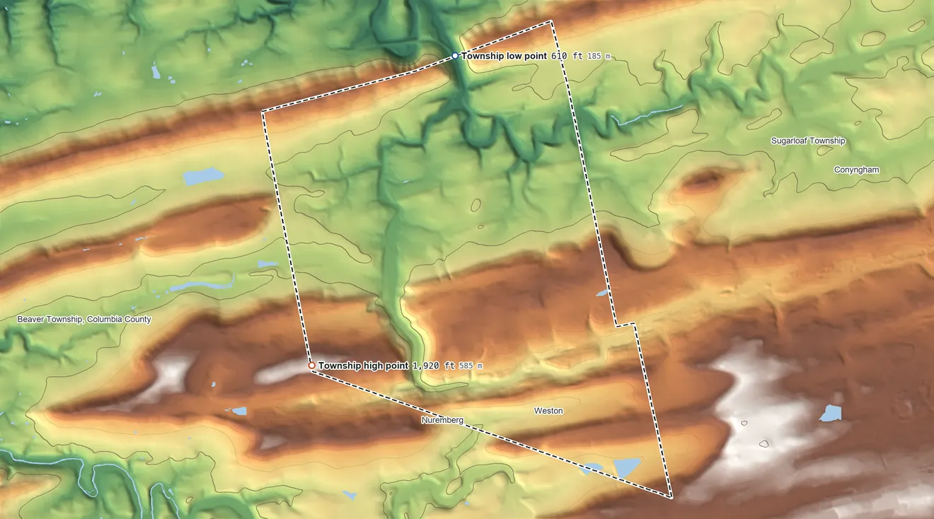 Topographic elevation map of Black Creek Township, Pennsylvania, shaded from 610 ft on the north side to 1,920 ft on Buck Mountain