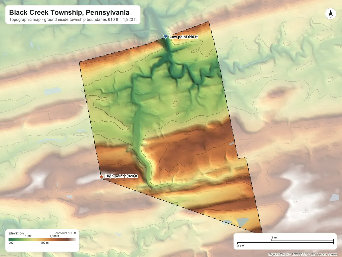 Topographic elevation map of Black Creek Township, Pennsylvania, shaded from 610 ft on the north side to 1,920 ft on Buck Mountain