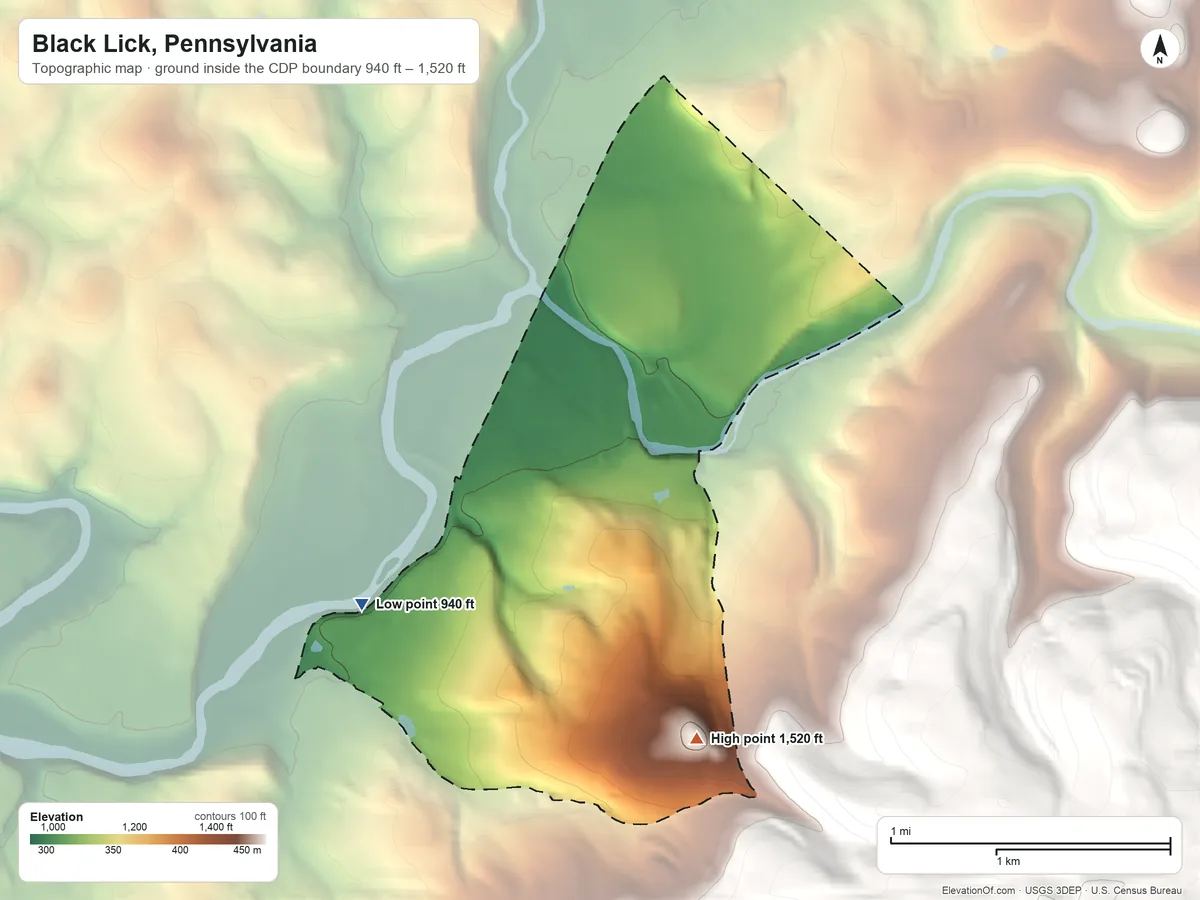 Topographic elevation map of Black Lick, Pennsylvania, shaded from 940 ft on the southwest side to 1,520 ft on the southeast edge, below higher ground just outside